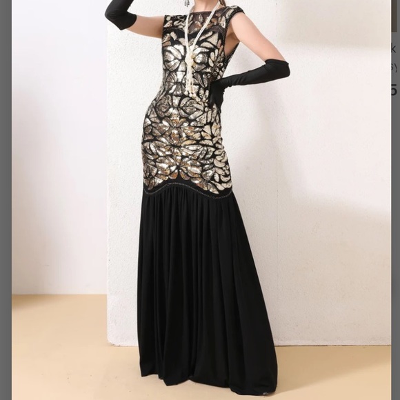 1920s Sequin Gatsby Maxi Long Evening Prom Mermaid Hem Dress Size S - Picture 2 of 6